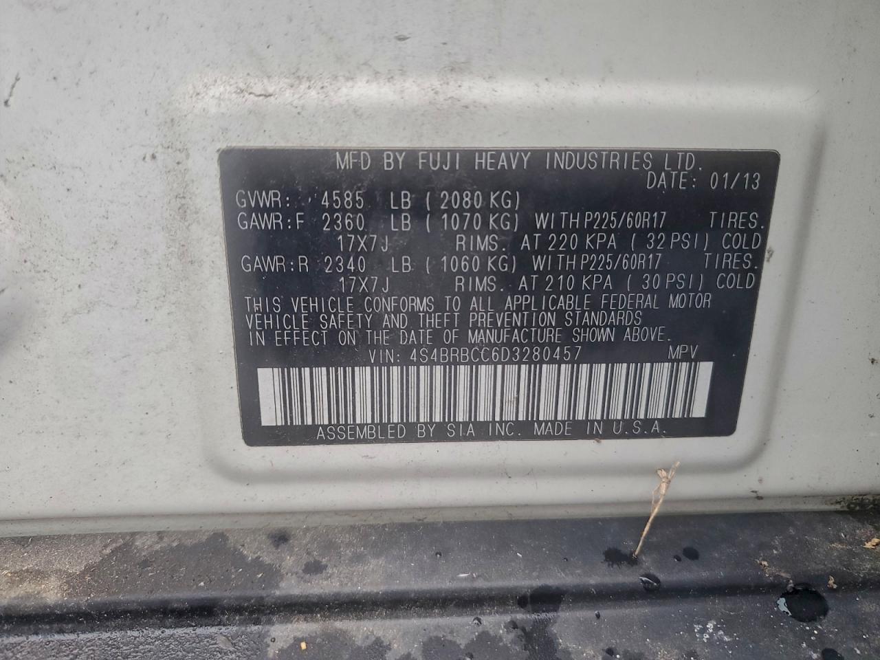 2013 Subaru Outback 2.5I Premium VIN: 4S4BRBCC6D3280457 Lot: 94452595