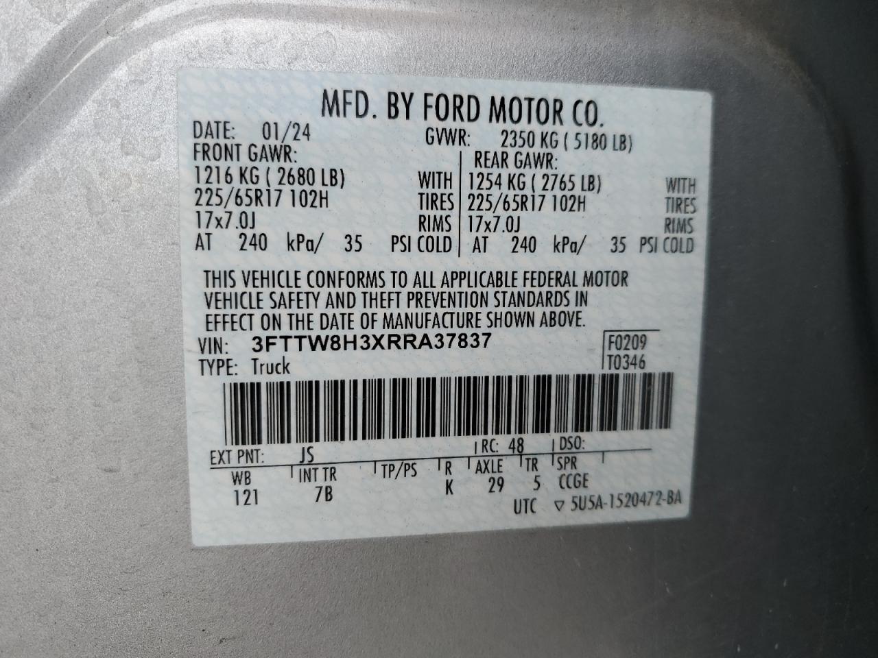 2024 Ford Maverick Xlt VIN: 3FTTW8H3XRRA37837 Lot: 92793705