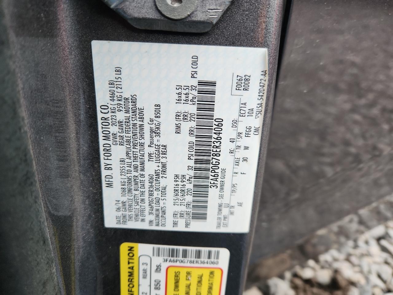 2014 Ford Fusion S VIN: 3FA6P0G78ER364060 Lot: 93709105