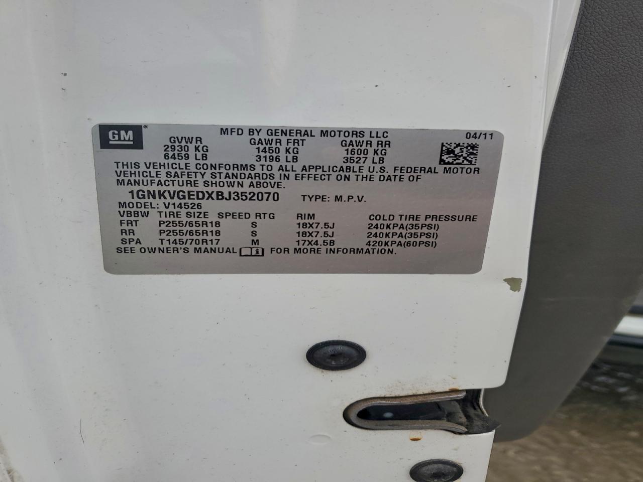 2011 Chevrolet Traverse Lt VIN: 1GNKVGEDXBJ352070 Lot: 94315365