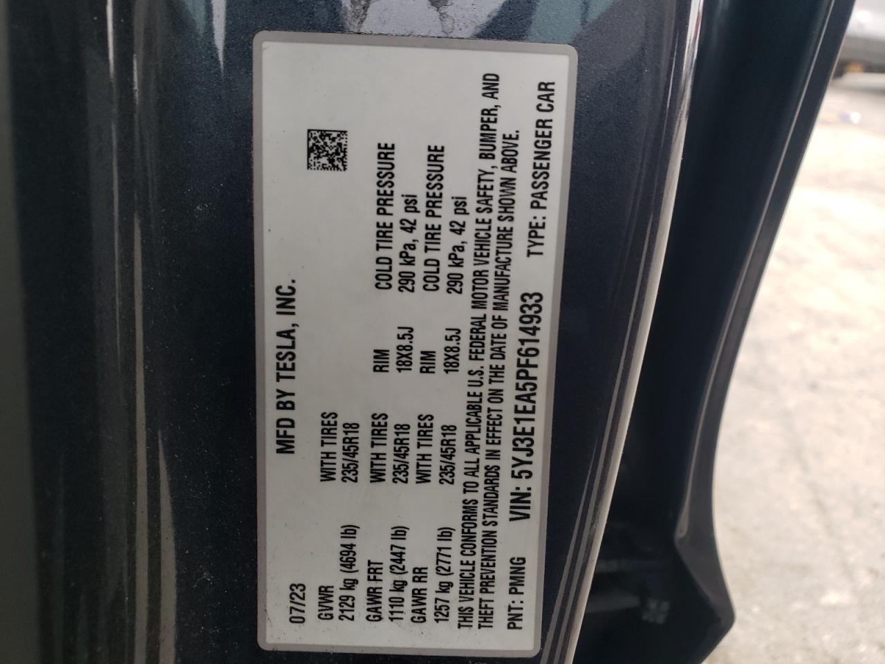 2023 Tesla Model 3 VIN: 5YJ3E1EA5PF614933 Lot: 91626605