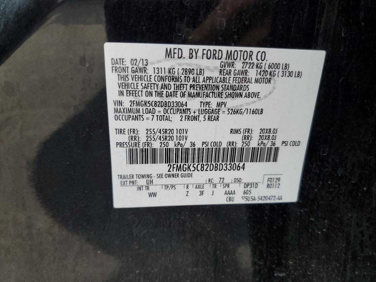 2013 Ford Flex Sel VIN: 2FMGK5C82DBD33064 Lot: 93105765