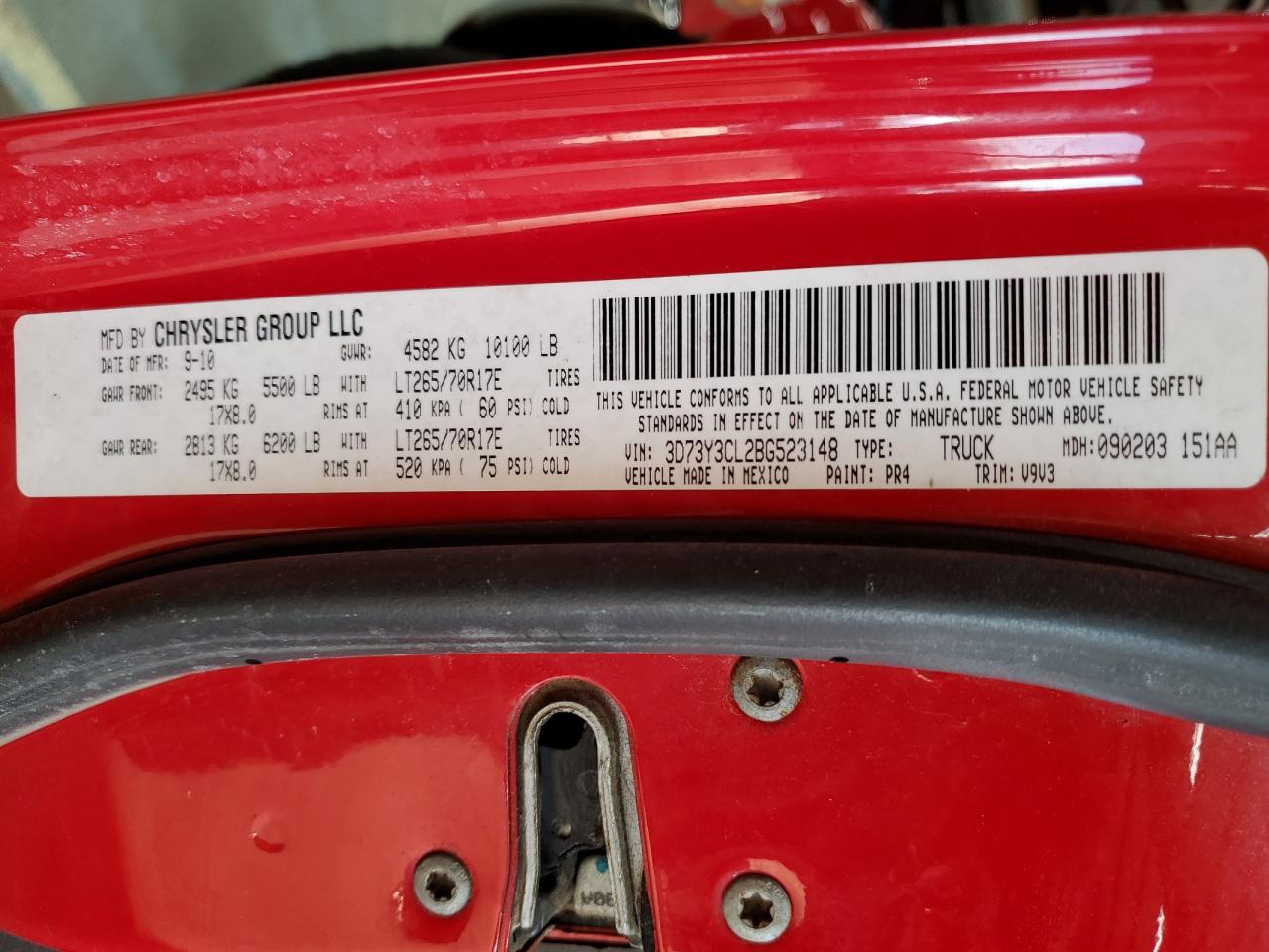 2011 Dodge Ram 3500 VIN: 3D73Y3CL2BG523148 Lot: 93812725