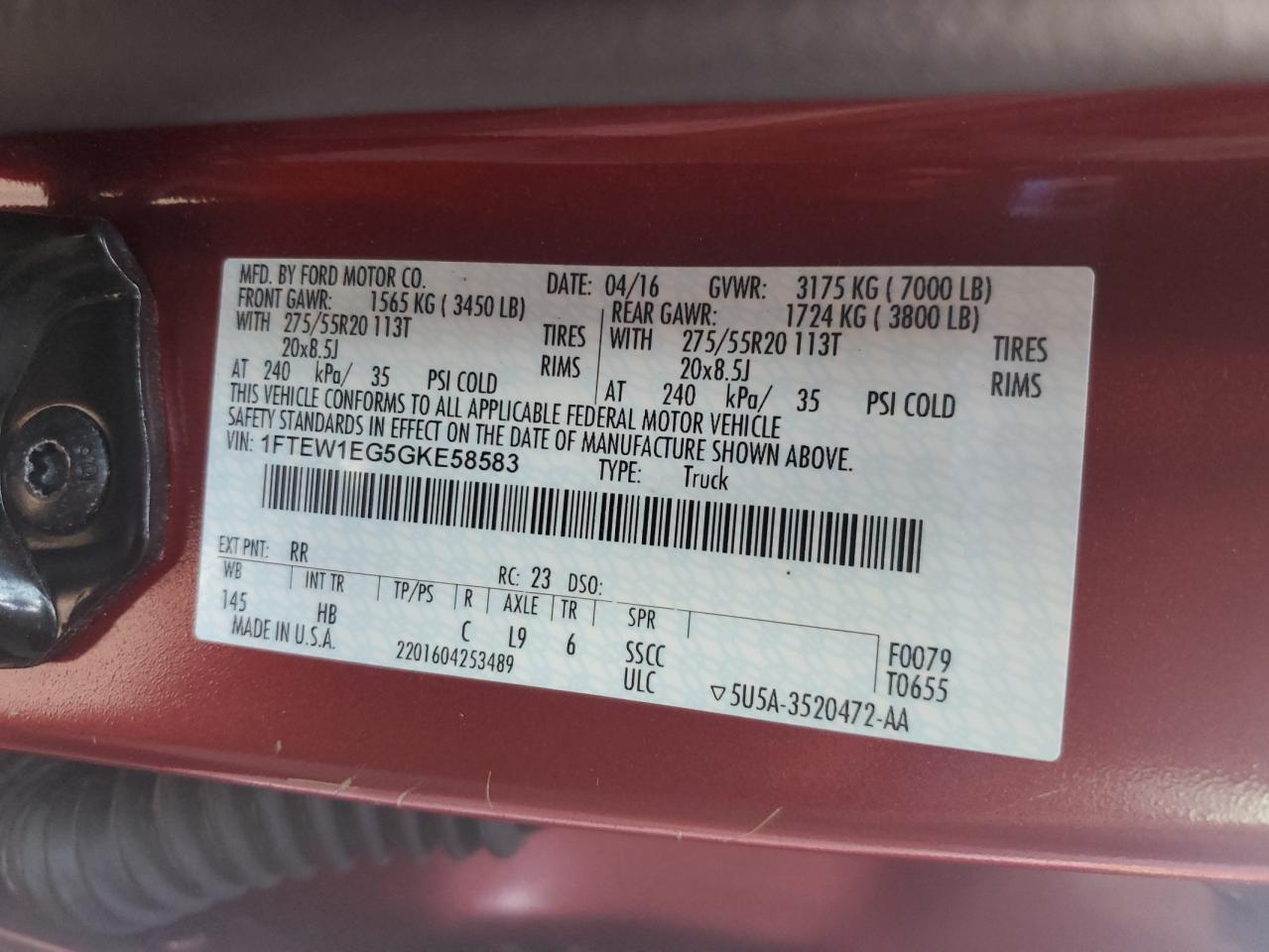 2016 Ford F150 Supercrew VIN: 1FTEW1EG5GKE58583 Lot: 93439625