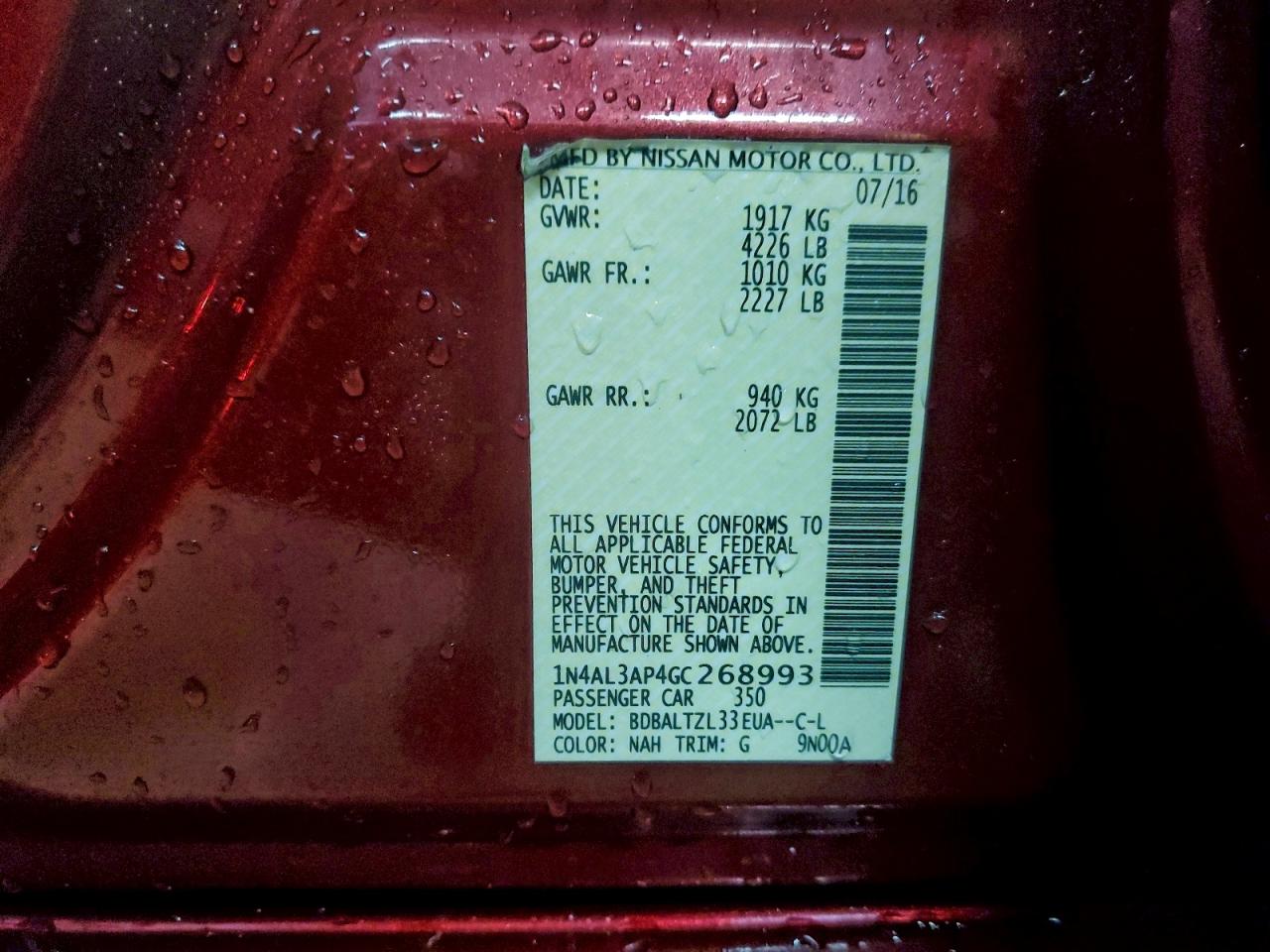 2016 Nissan Altima 2.5 VIN: 1N4AL3AP4GC268993 Lot: 94766775