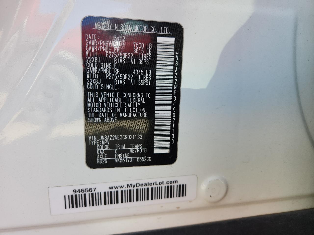 2012 Infiniti Qx56 VIN: JN8AZ2NE3C9021133 Lot: 90630285