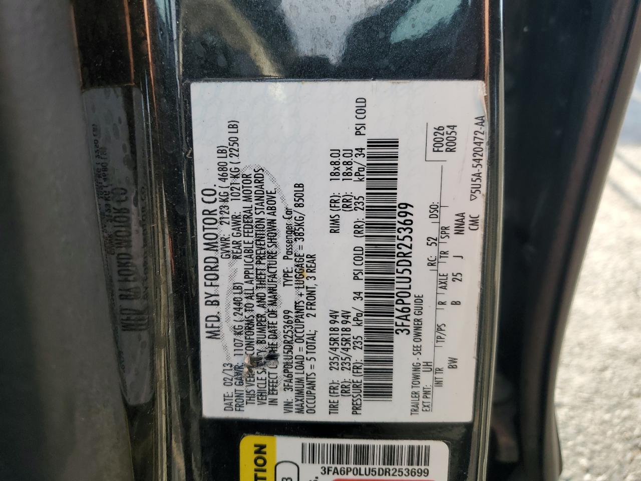 2013 Ford Fusion Se Hybrid VIN: 3FA6P0LU5DR253699 Lot: 92869755
