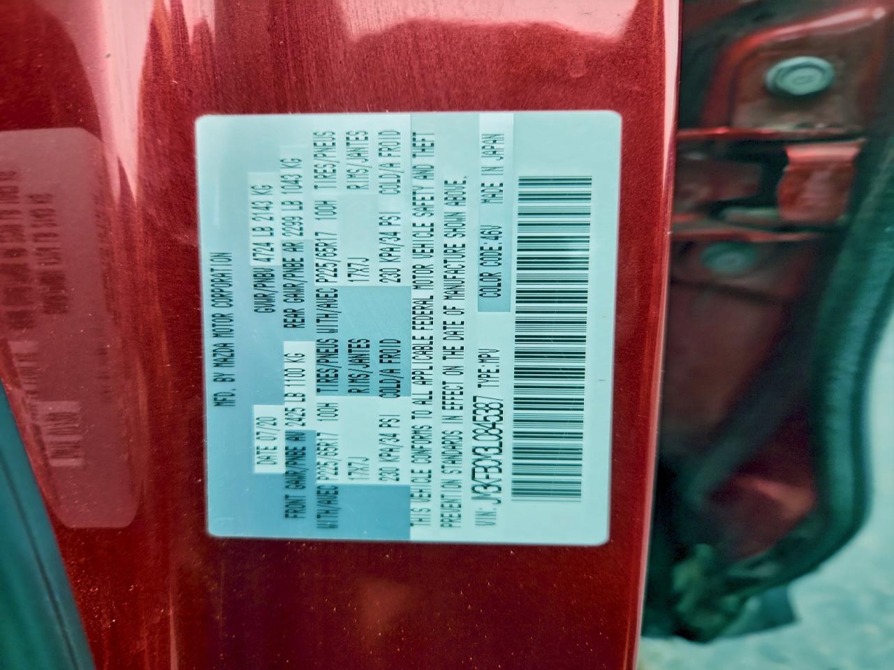 2020 Mazda Cx-5 Touring VIN: JM3KFBCM3L0845387 Lot: 93910575