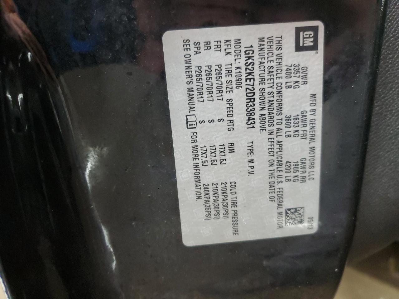 2013 GMC Yukon Xl K1500 Slt VIN: 1GKS2KE72DR338431 Lot: 93418745