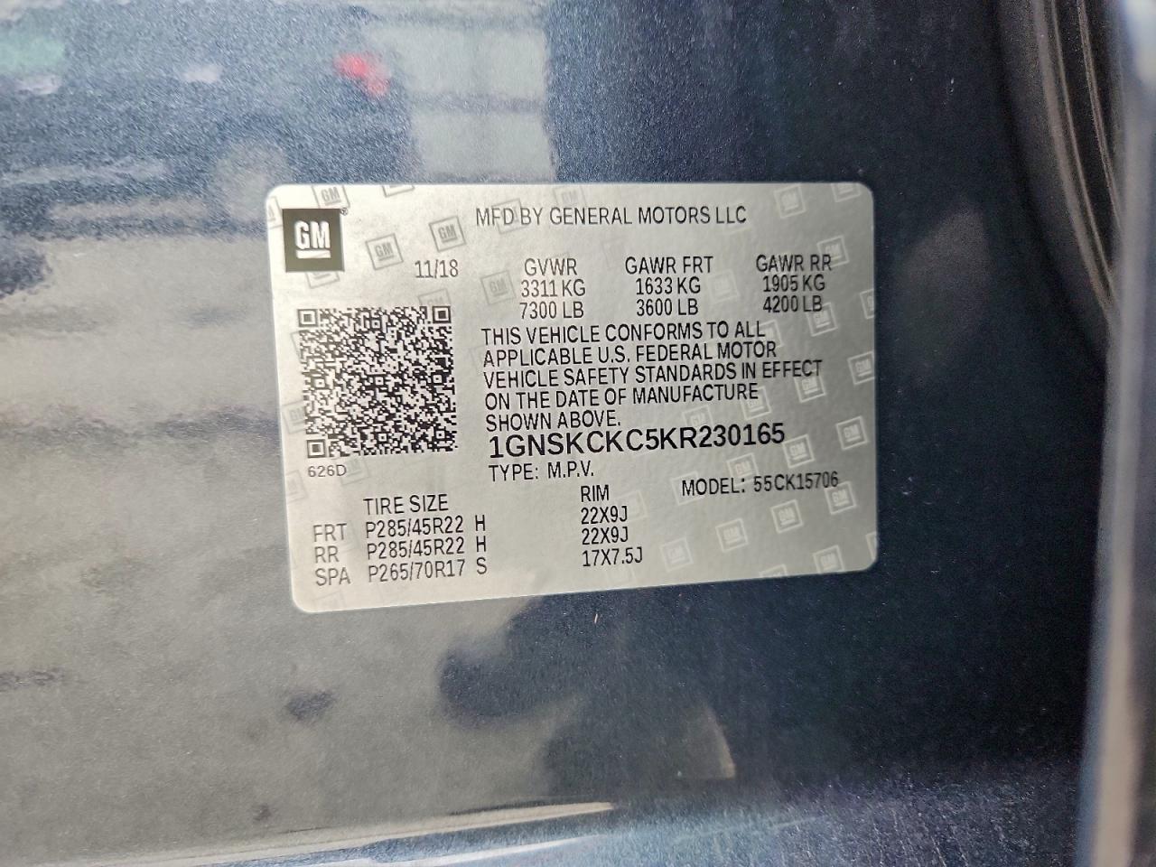 2019 Chevrolet Tahoe K1500 Premier VIN: 1GNSKCKC5KR230165 Lot: 93394965