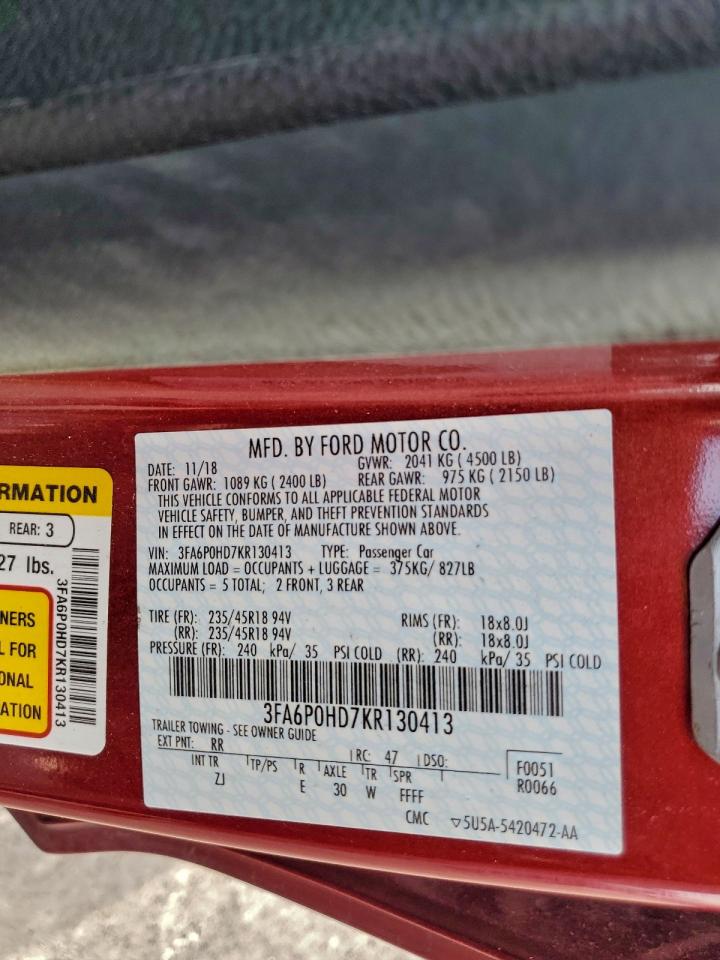 2019 Ford Fusion Se VIN: 3FA6P0HD7KR130413 Lot: 93839375