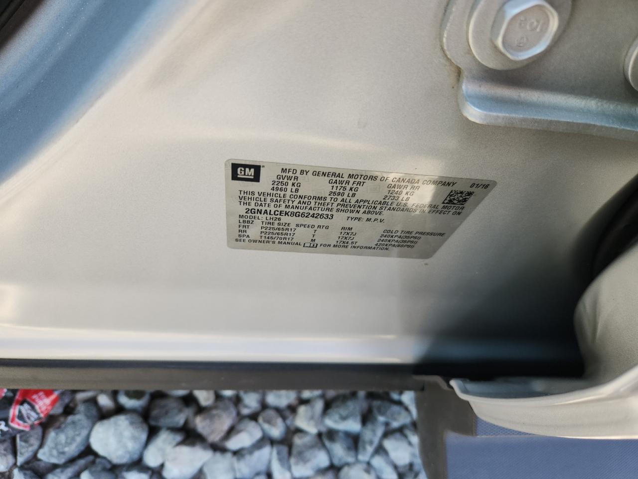 2016 Chevrolet Equinox Lt VIN: 2GNALCEK8G6242633 Lot: 93069995