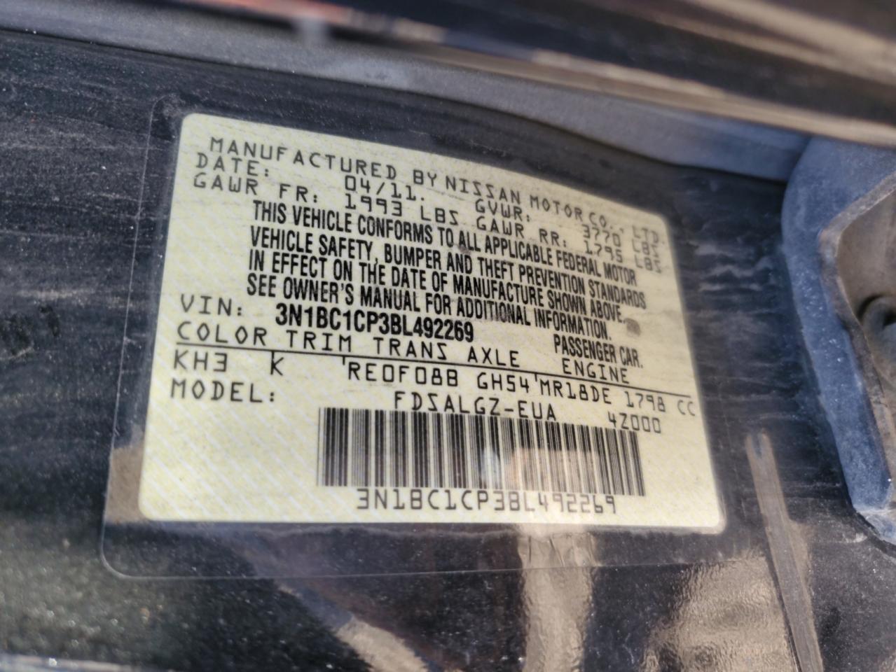 2011 Nissan Versa S VIN: 3N1BC1CP3BL492269 Lot: 93127785