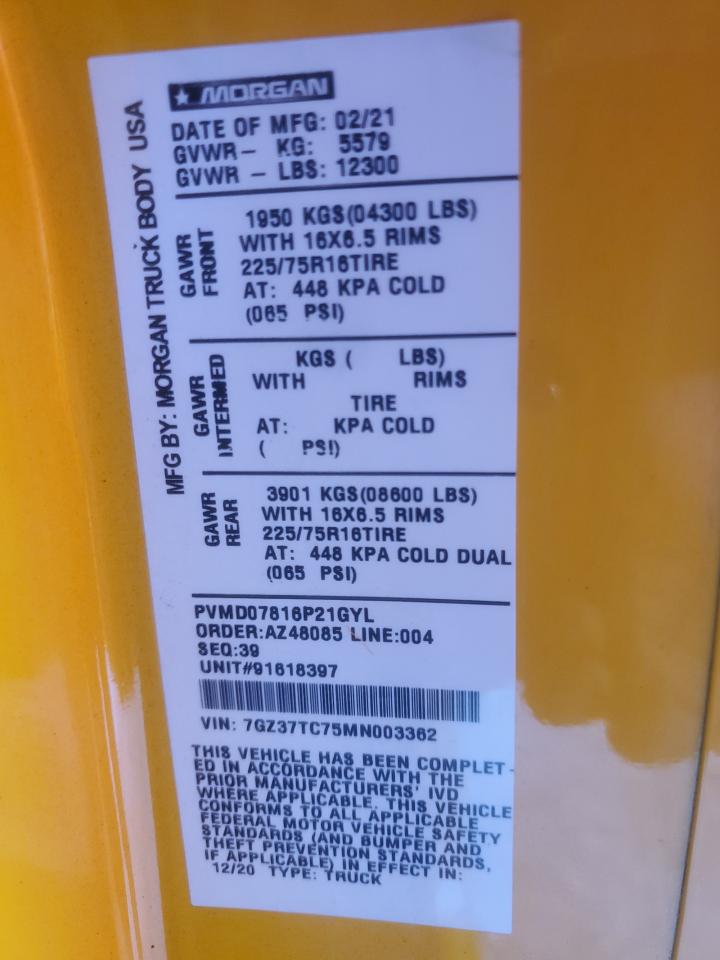 2021 GMC Savana Cutaway G3500 VIN: 7GZ37TC75MN003362 Lot: 93263635