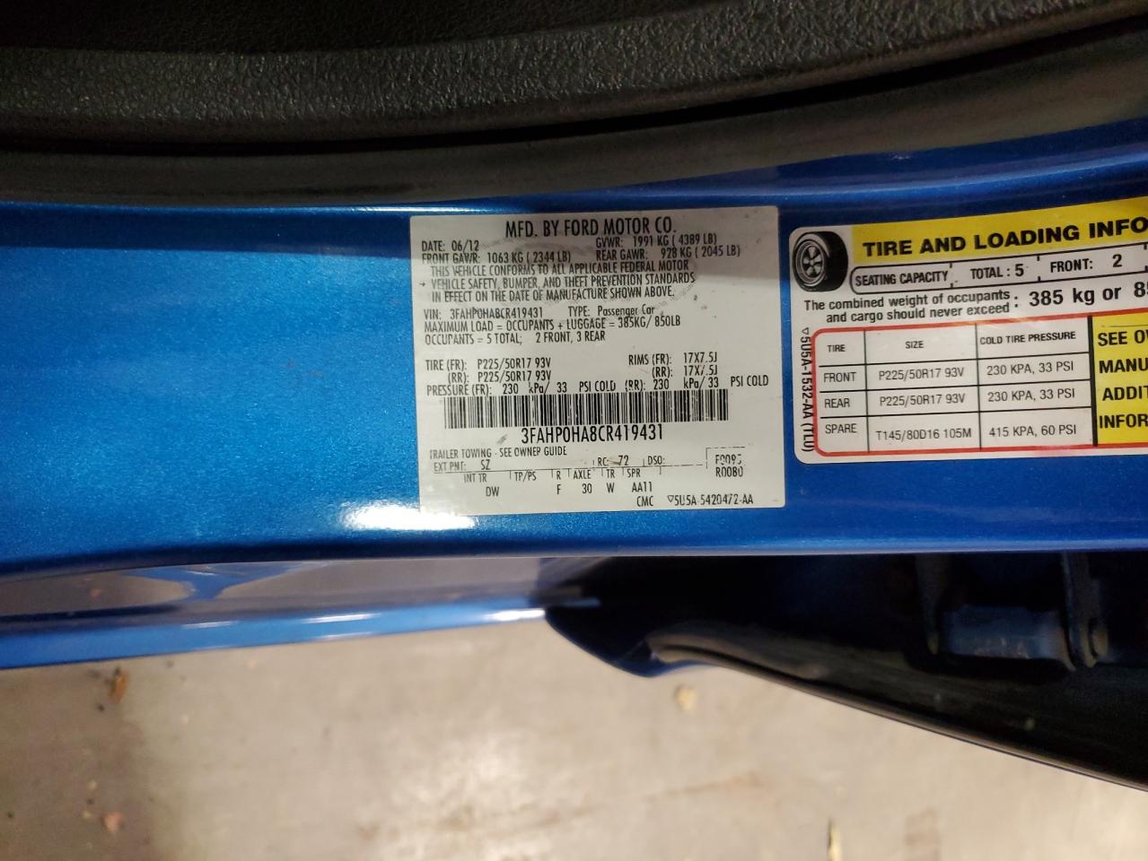 2012 Ford Fusion Se VIN: 3FAHP0HA8CR419431 Lot: 92139895