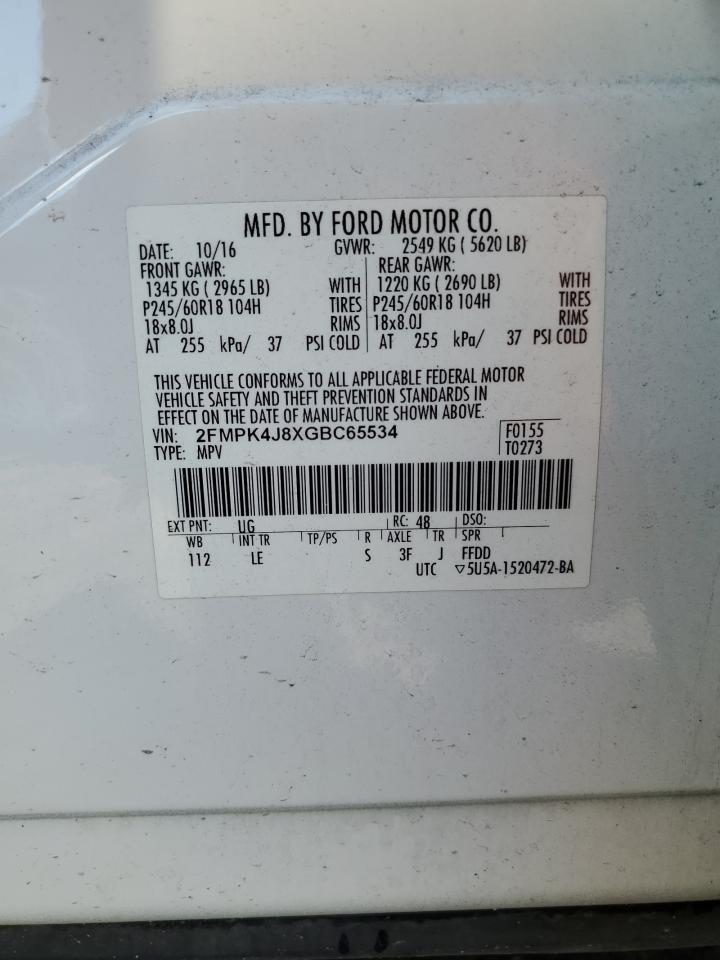 2016 Ford Edge Sel VIN: 2FMPK4J8XGBC65534 Lot: 91648965