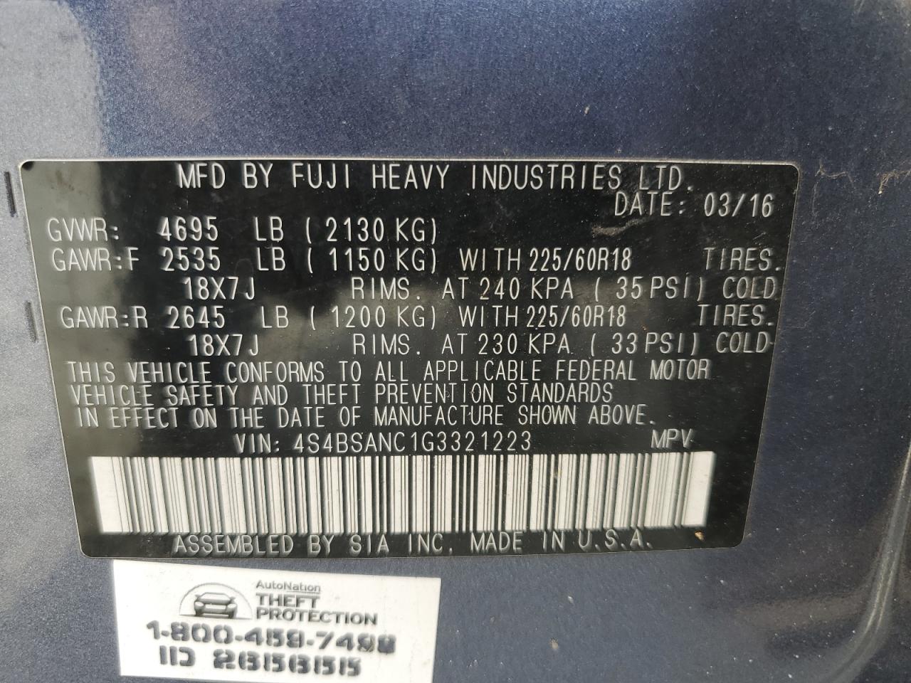 2016 Subaru Outback 2.5I Limited VIN: 4S4BSANC1G3321223 Lot: 93305255