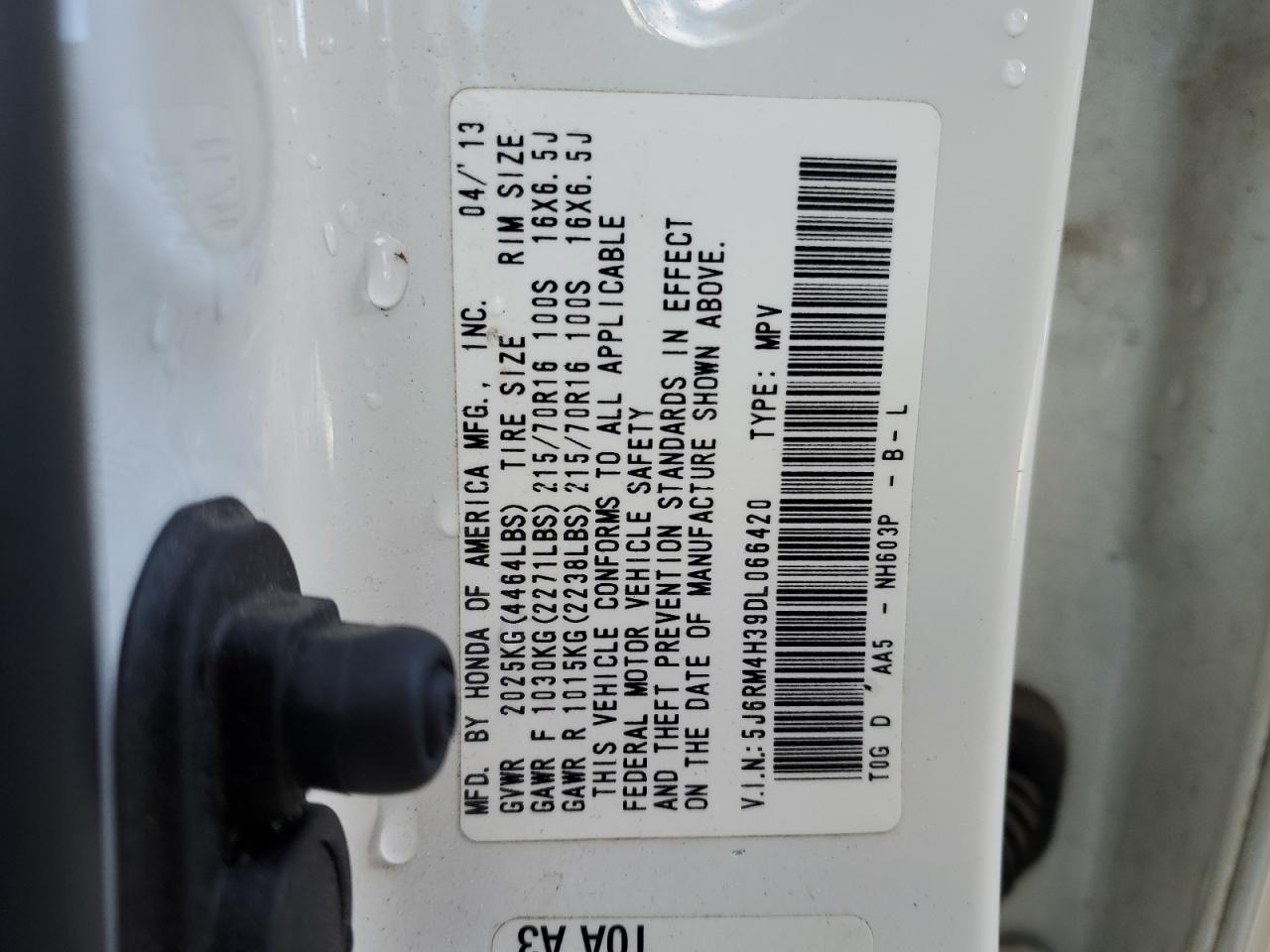 2013 Honda Cr-V Lx VIN: 5J6RM4H39DL066420 Lot: 89889255