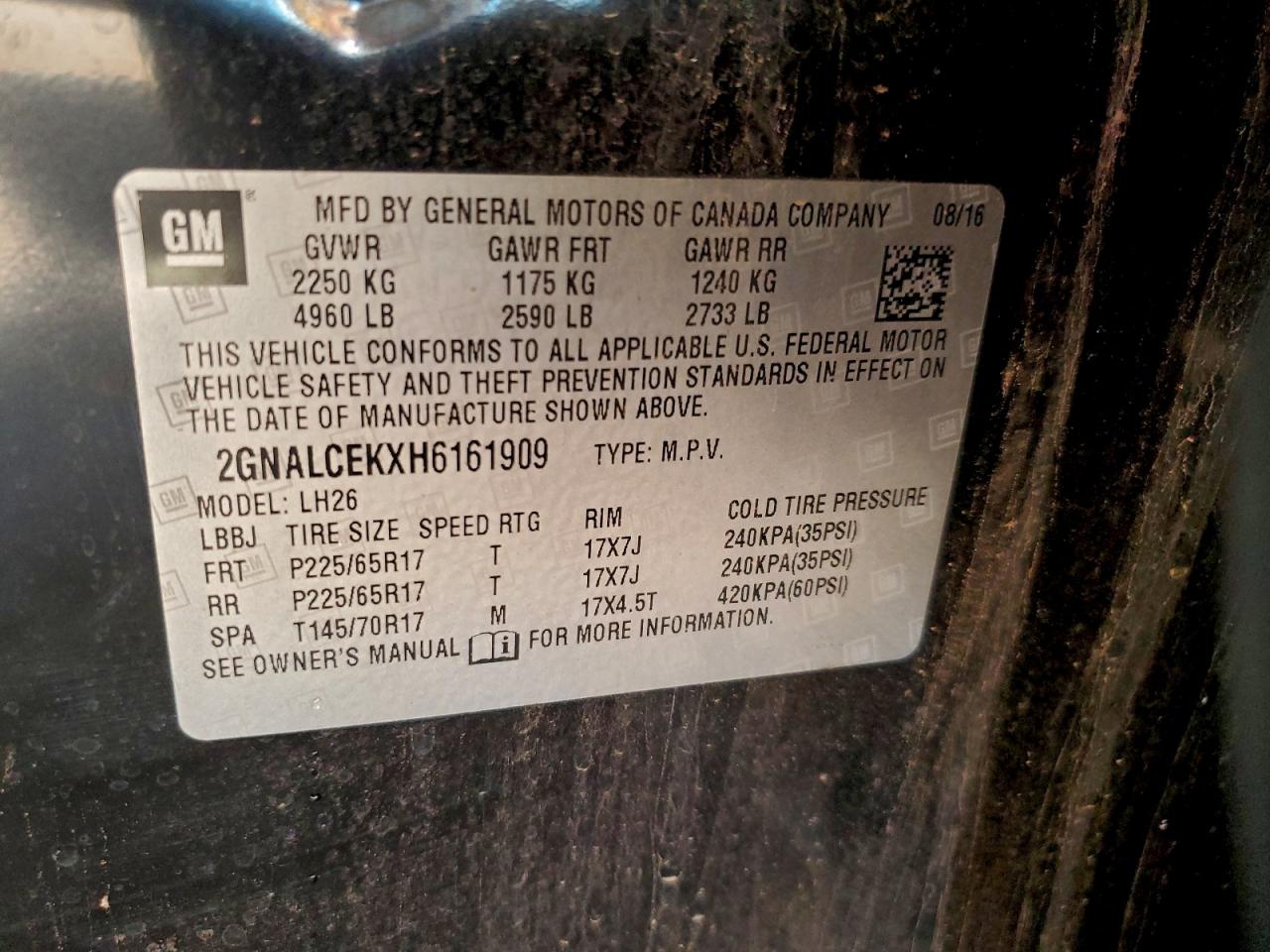 2017 Chevrolet Equinox Lt VIN: 2GNALCEKXH6161909 Lot: 94797925