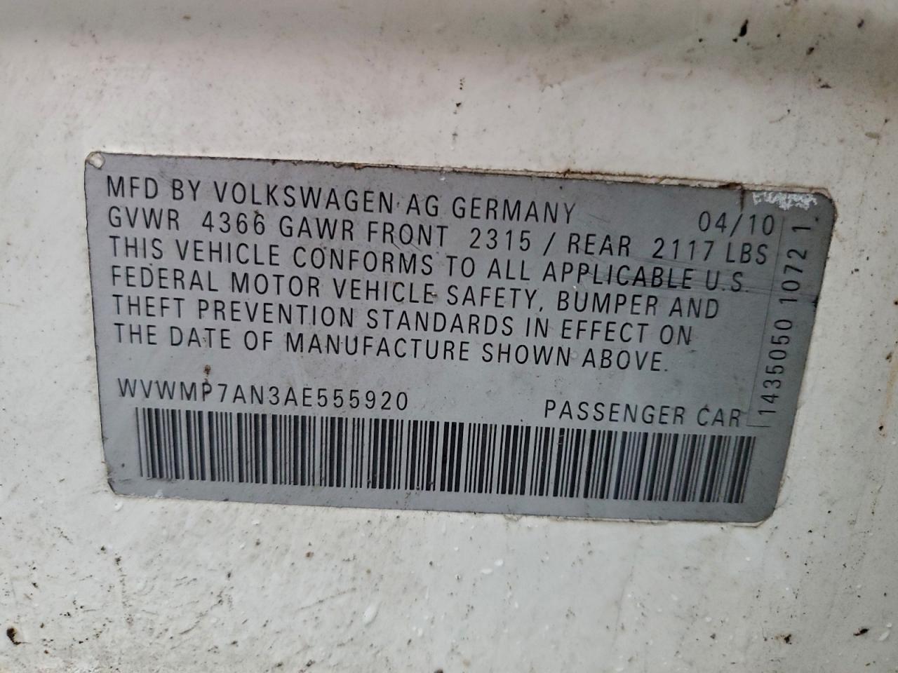 2010 Volkswagen Cc Sport VIN: WVWMP7AN3AE555920 Lot: 93308365