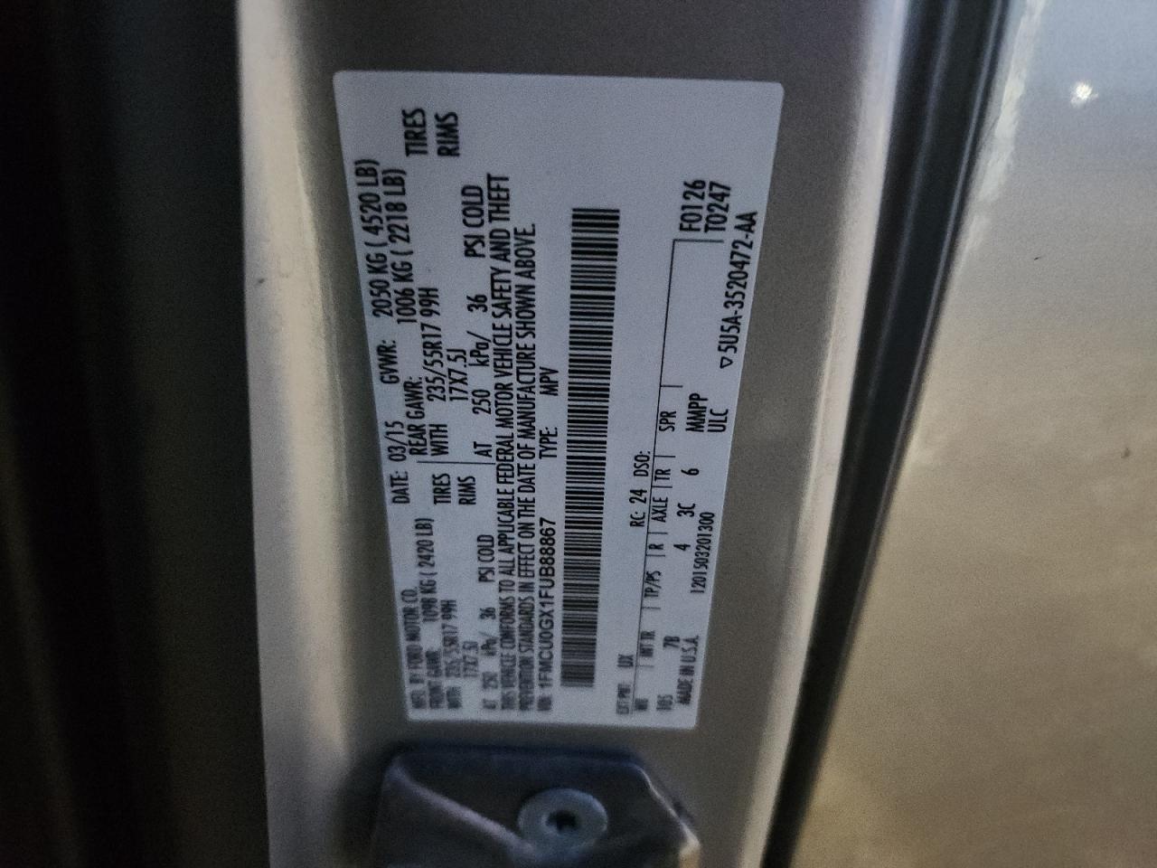 2015 Ford Escape Se VIN: 1FMCU0GX1FUB88867 Lot: 93815835