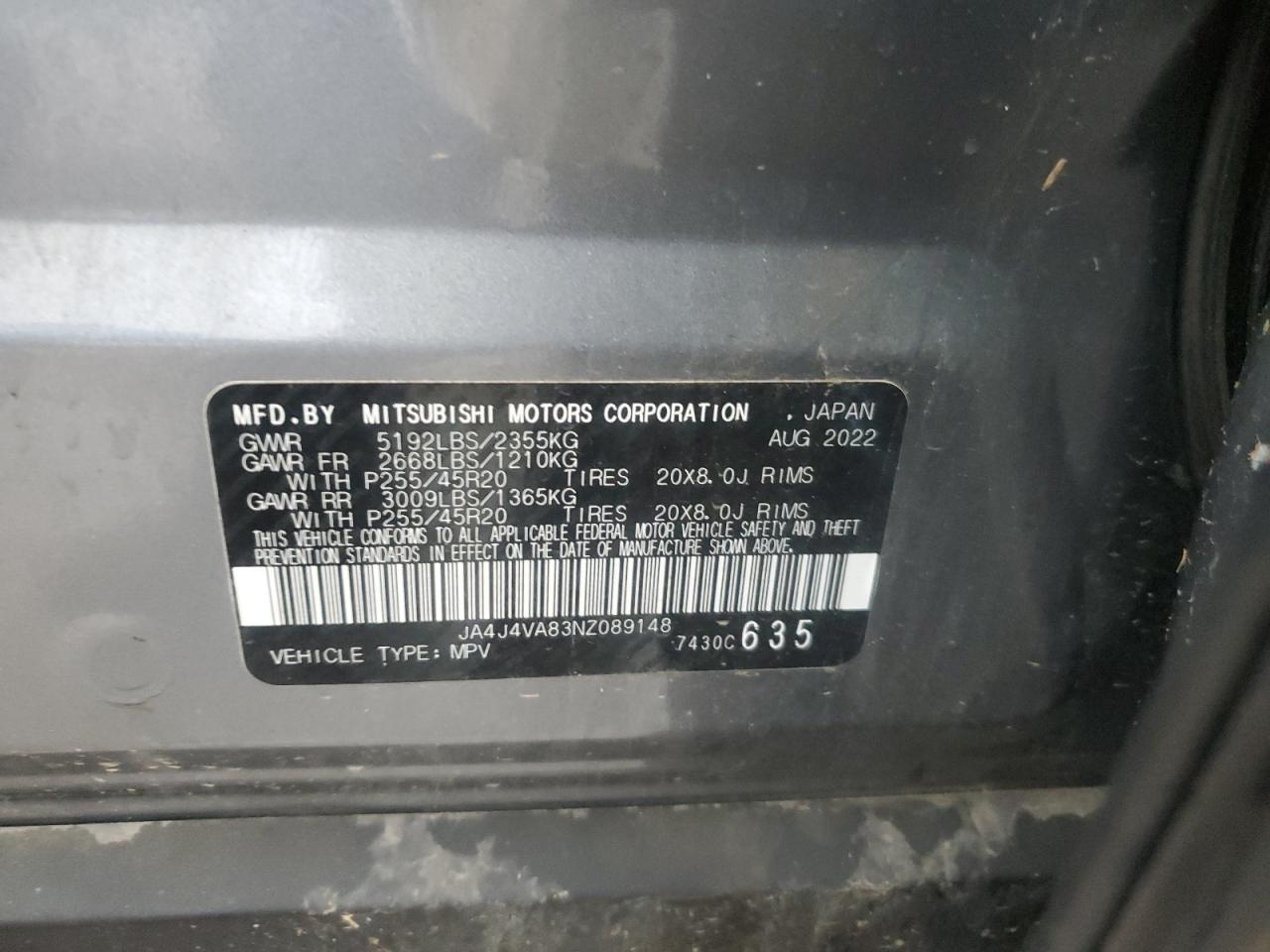 2022 Mitsubishi Outlander Sel VIN: JA4J4VA83NZ089148 Lot: 93183185