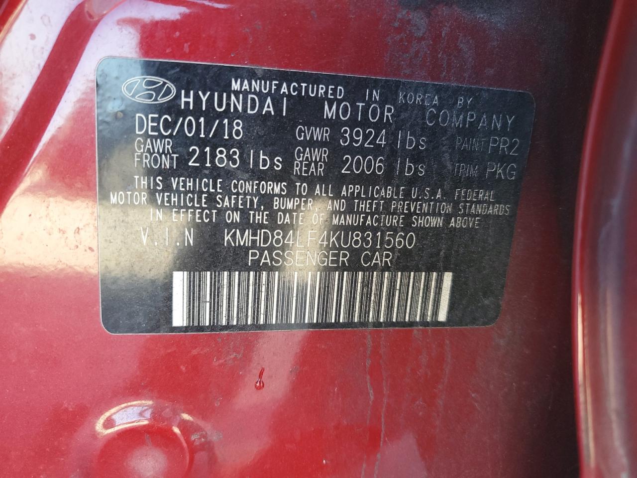 2019 Hyundai Elantra Sel VIN: KMHD84LF4KU831560 Lot: 90785205