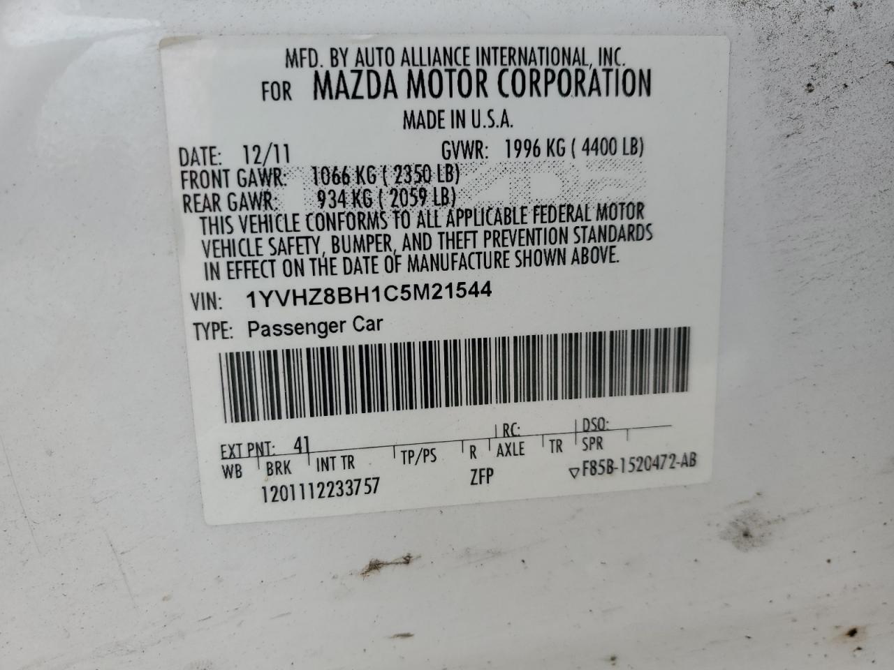 2012 Mazda 6 I VIN: 1YVHZ8BH1C5M21544 Lot: 91930395