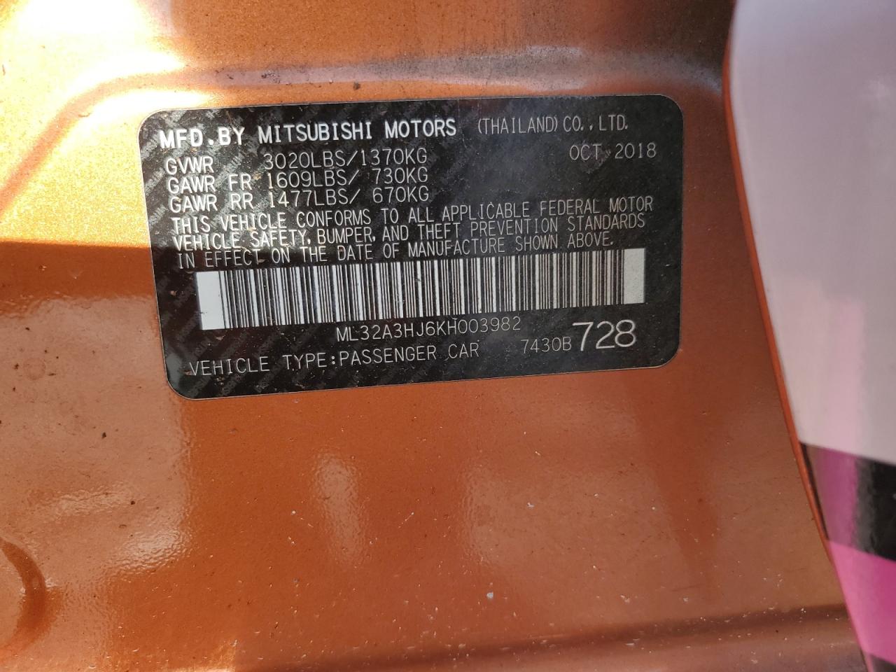 2019 Mitsubishi Mirage Es VIN: ML32A3HJ6KH003982 Lot: 90745355