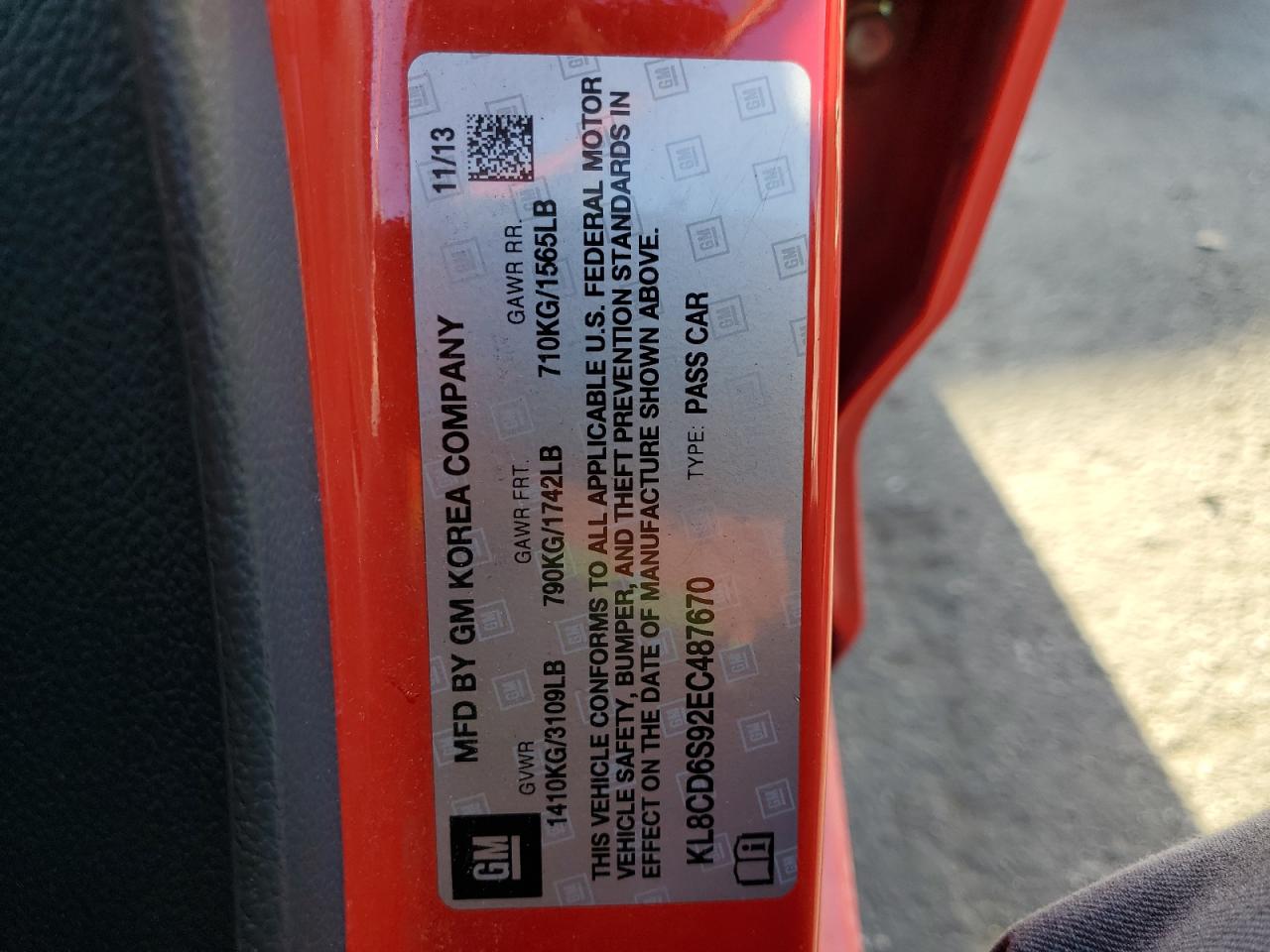 2014 Chevrolet Spark 1Lt VIN: KL8CD6S92EC487670 Lot: 91852555