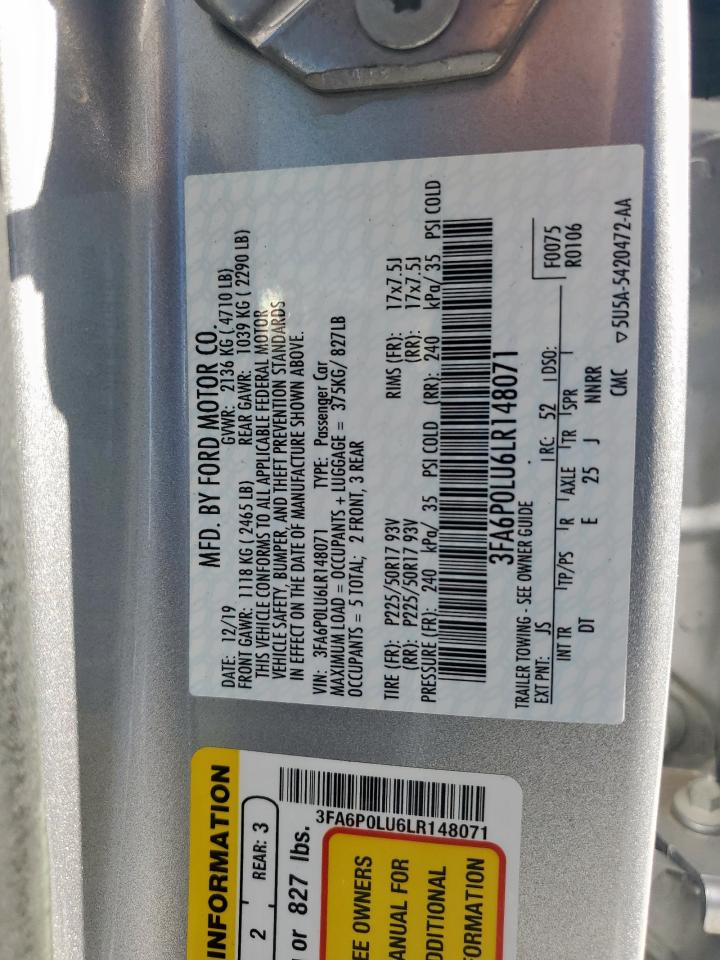 2020 Ford Fusion Se VIN: 3FA6P0LU6LR148071 Lot: 92578685