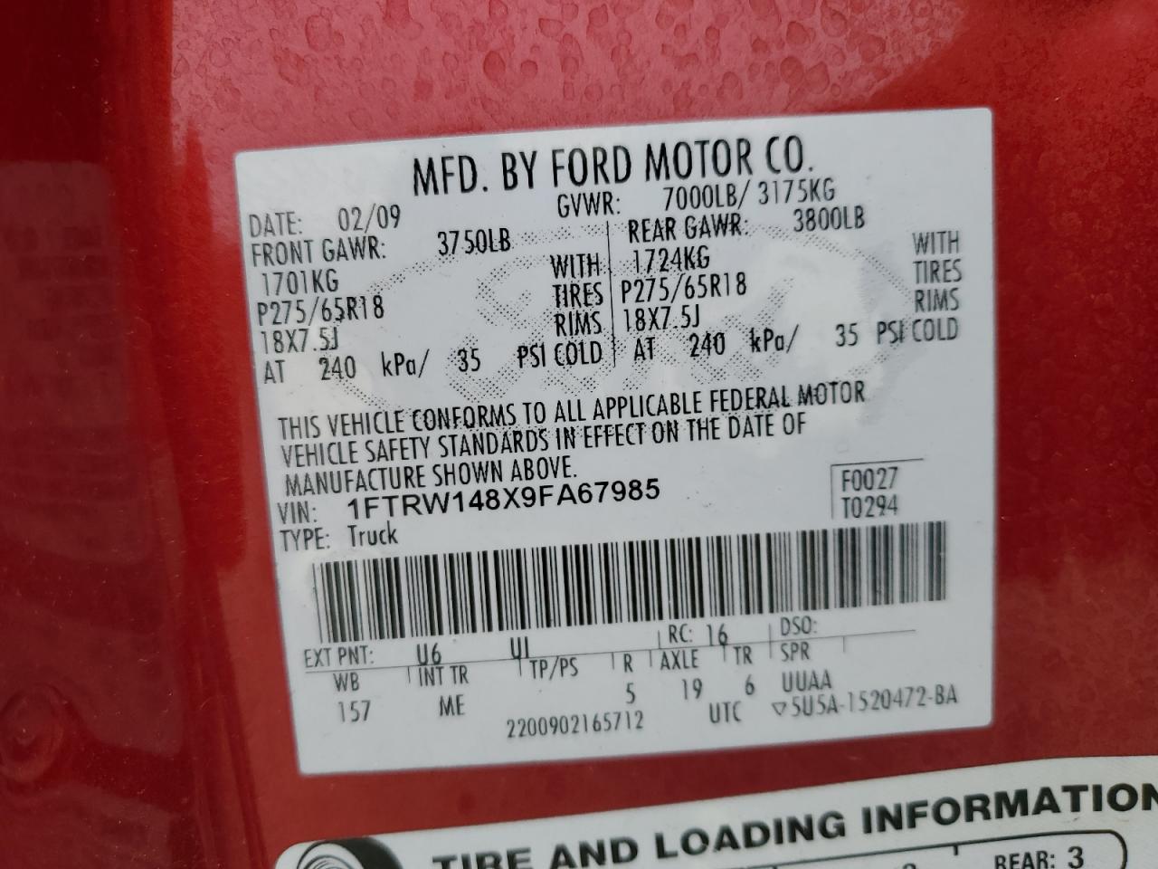 2009 Ford F150 Supercrew VIN: 1FTRW148X9FA67985 Lot: 91177395