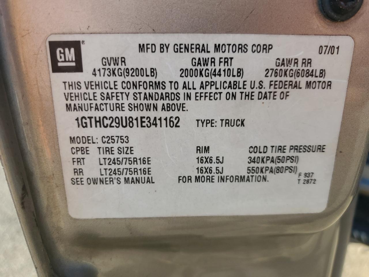 2001 GMC Sierra C2500 Heavy Duty VIN: 1GTHC29U81E341162 Lot: 91222415