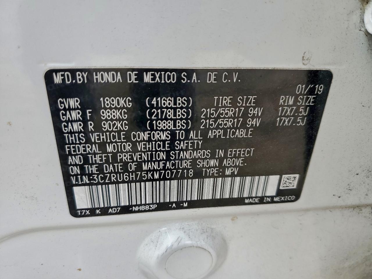 2019 Honda Hr-V Exl VIN: 3CZRU6H75KM707718 Lot: 93704135