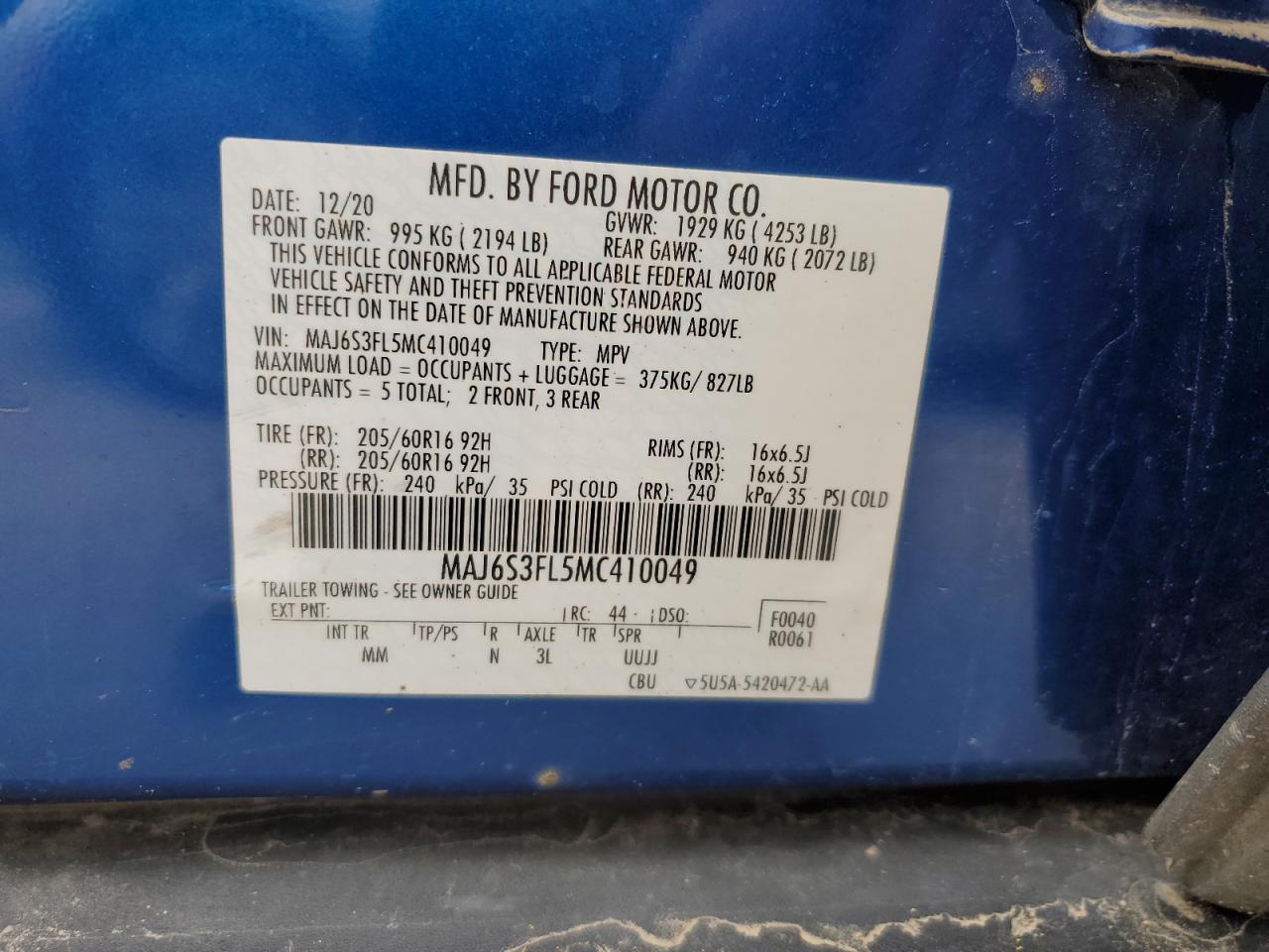 2021 Ford Ecosport S VIN: MAJ6S3FL5MC410049 Lot: 92330355