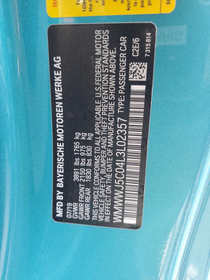 2020 Mini Cooper S VIN: WMWWJ5C04L3L02357 Lot: 92496855