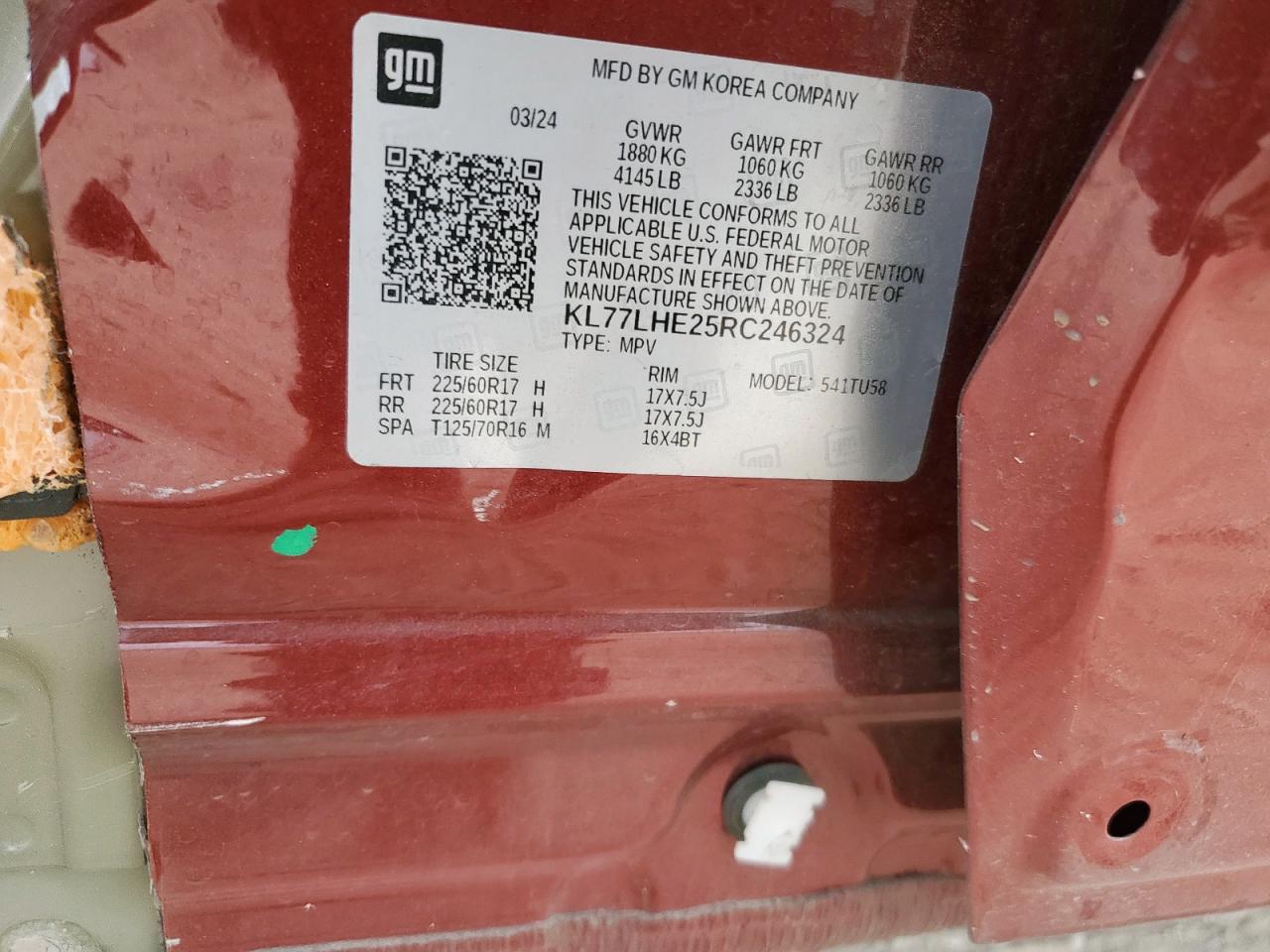 2024 Chevrolet Trax 1Lt VIN: KL77LHE25RC246324 Lot: 93897735