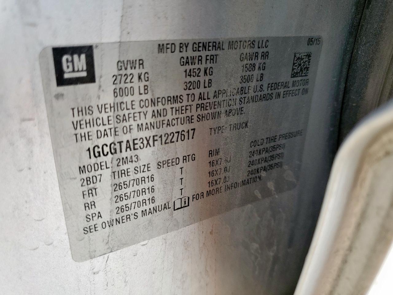 2015 Chevrolet Colorado VIN: 1GCGTAE3XF1227617 Lot: 92753515