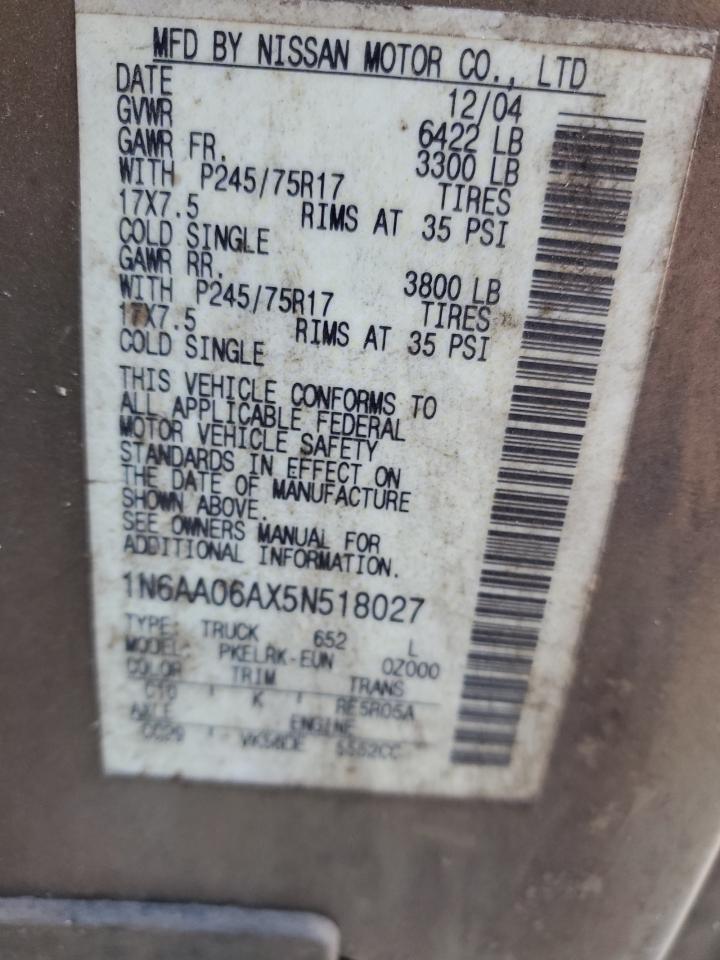 2005 Nissan Titan Xe VIN: 1N6AA06AX5N518027 Lot: 82726805