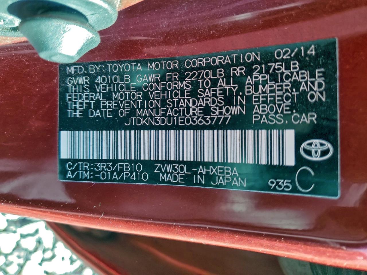 2014 Toyota Prius VIN: JTDKN3DU1E0363777 Lot: 94668715