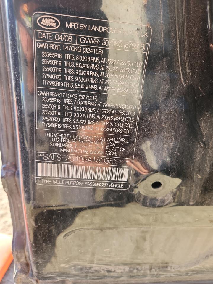 2008 Land Rover Range Rover Sport Hse VIN: SALSF25488A180356 Lot: 91293295