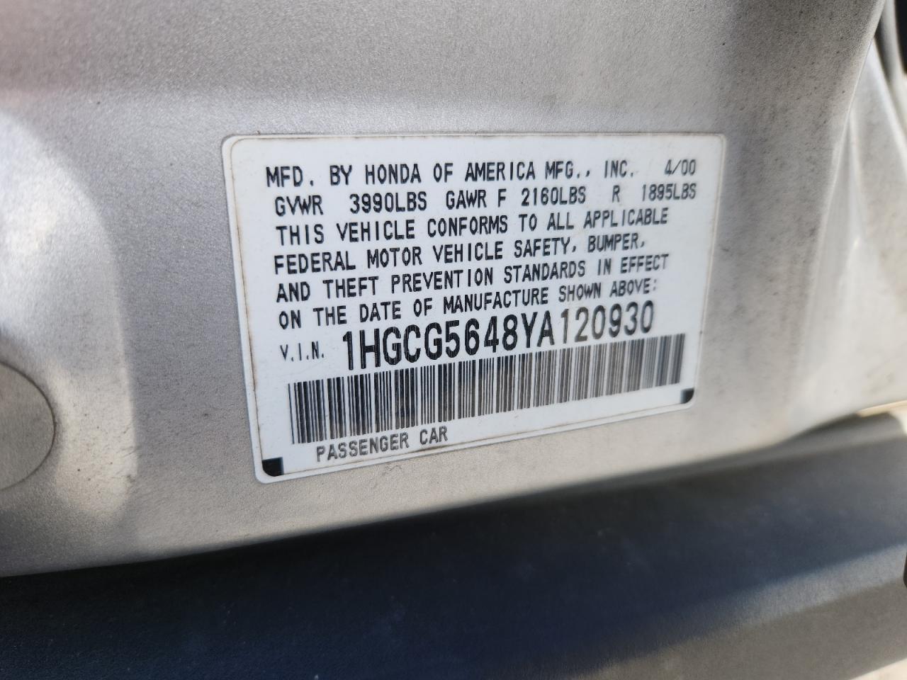 2000 Honda Accord Lx VIN: 1HGCG5648YA120930 Lot: 93364735