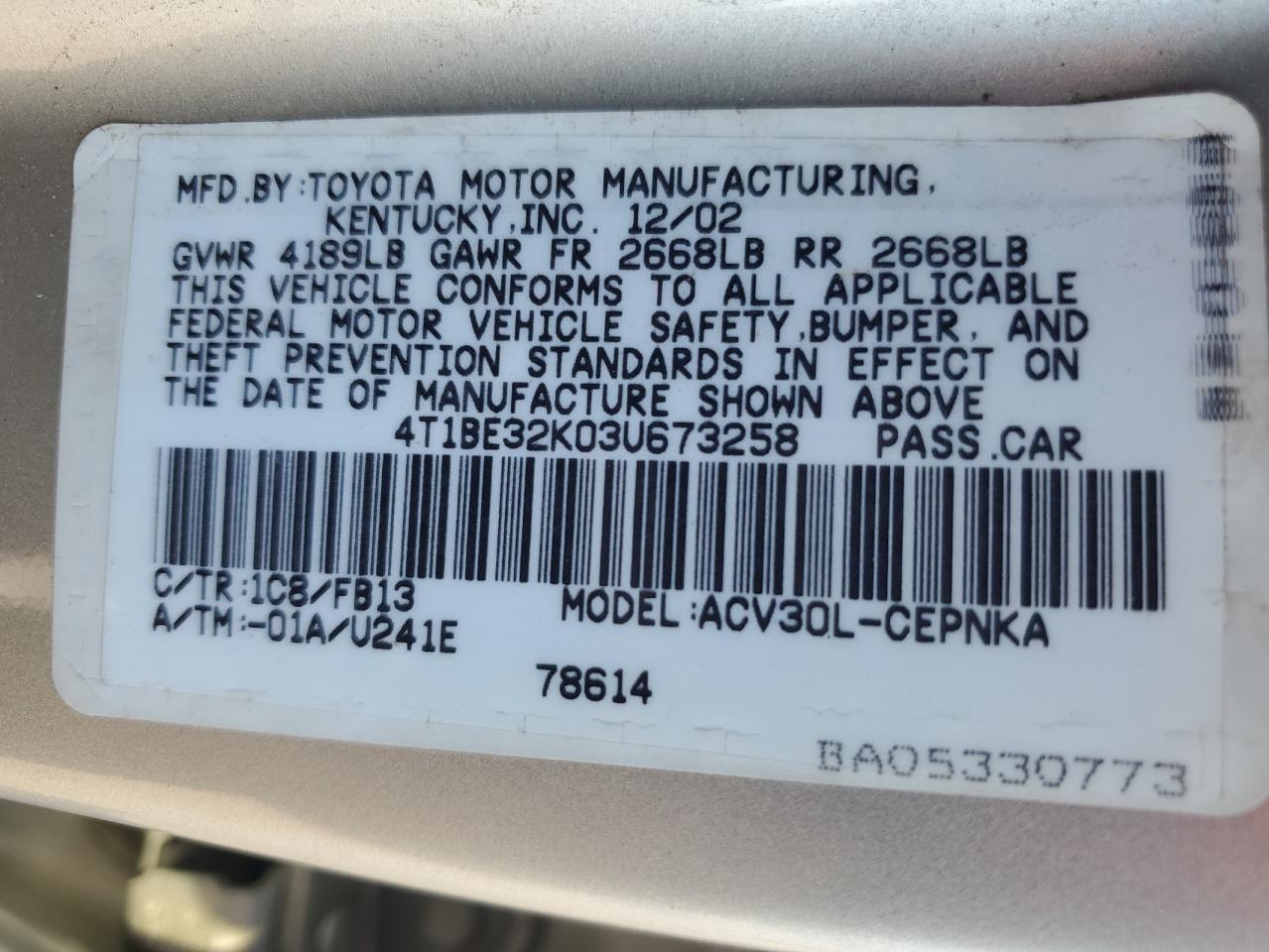 2003 Toyota Camry Le VIN: 4T1BE32K03U673258 Lot: 93349025