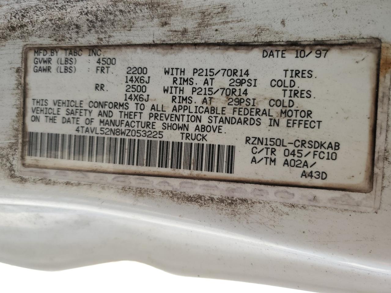 1998 Toyota Tacoma Xtracab VIN: 4TAVL52N8WZ053225 Lot: 92131455