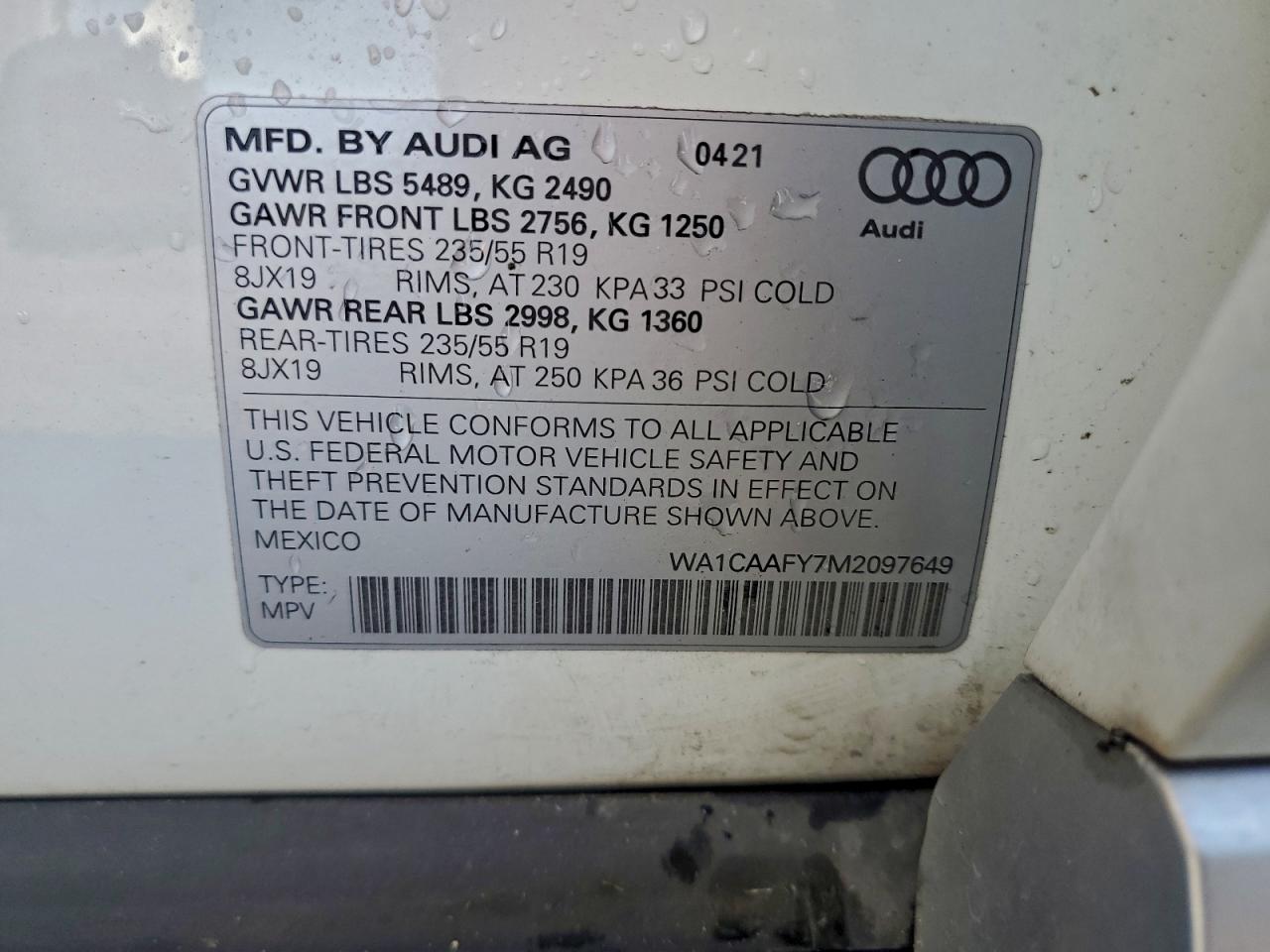 2021 Audi Q5 Prestige VIN: WA1CAAFY7M2097649 Lot: 89700325