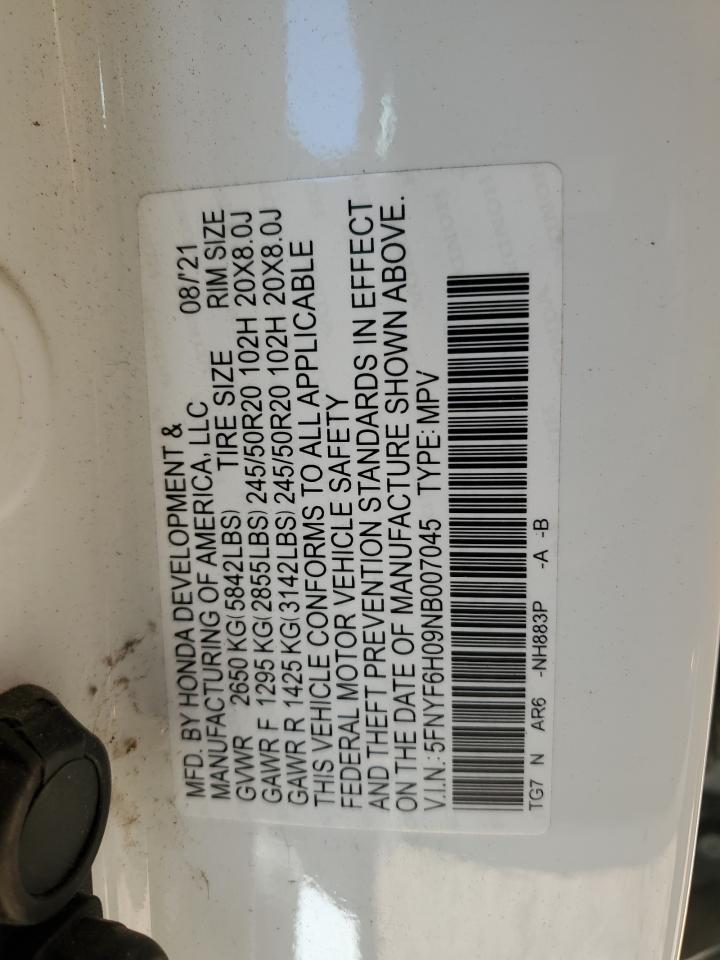 2022 Honda Pilot Elite VIN: 5FNYF6H09NB007045 Lot: 91662115