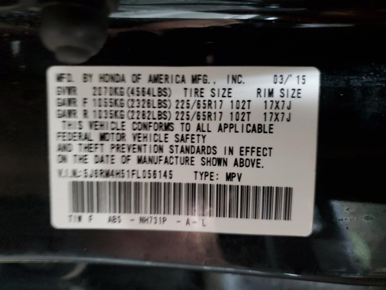 2015 Honda Cr-V Ex VIN: 5J6RM4H51FL056145 Lot: 92637785