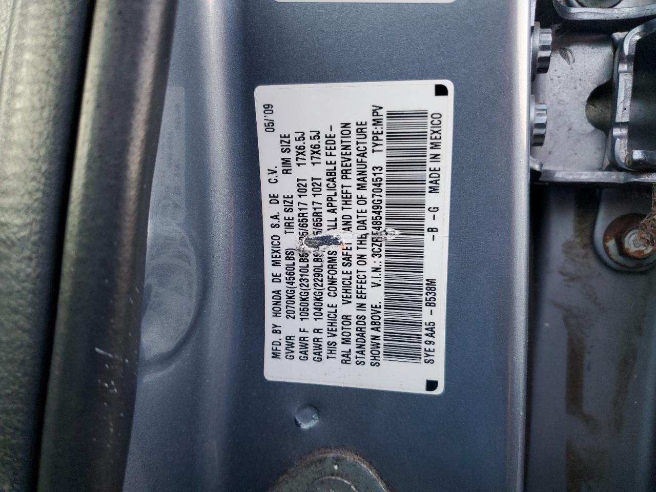 2009 Honda Cr-V Ex VIN: 3CZRE48549G704513 Lot: 93763285