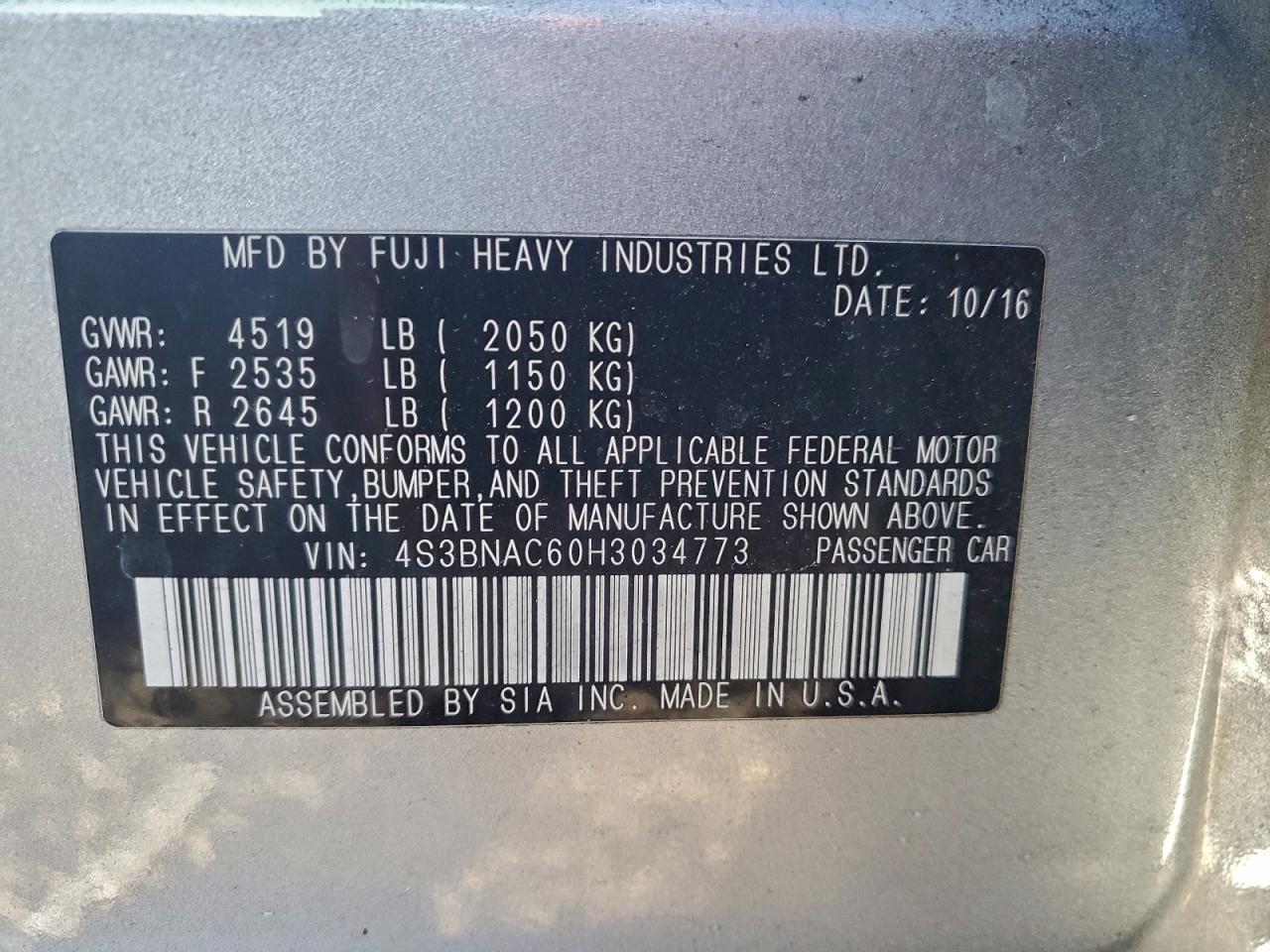 2017 Subaru Legacy 2.5I Premium VIN: 4S3BNAC60H3034773 Lot: 94346855