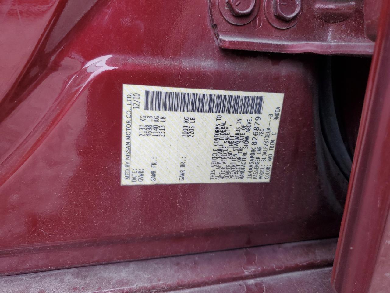 2011 Nissan Maxima S VIN: 1N4AA5AP0BC826879 Lot: 93015615